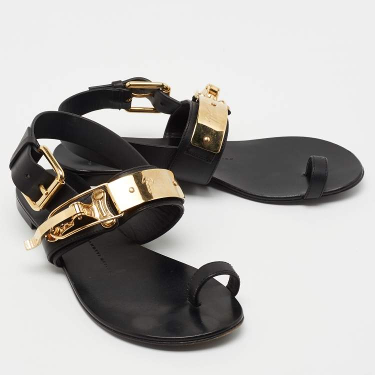 Pre Owned Giuseppe Zanotti Black Leather Buckle Slingback Flats Size 38.5