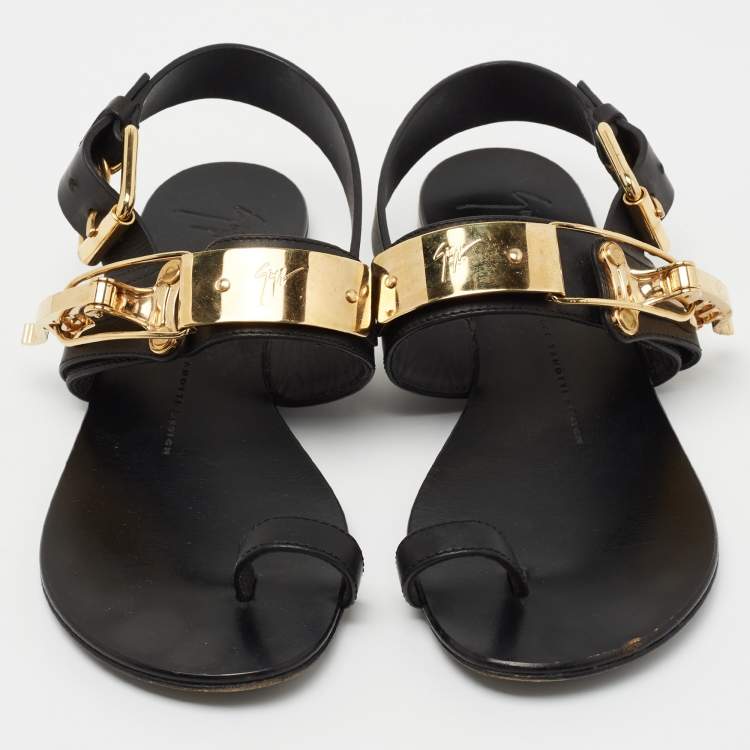 Pre Owned Giuseppe Zanotti Black Leather Buckle Slingback Flats Size 38.5