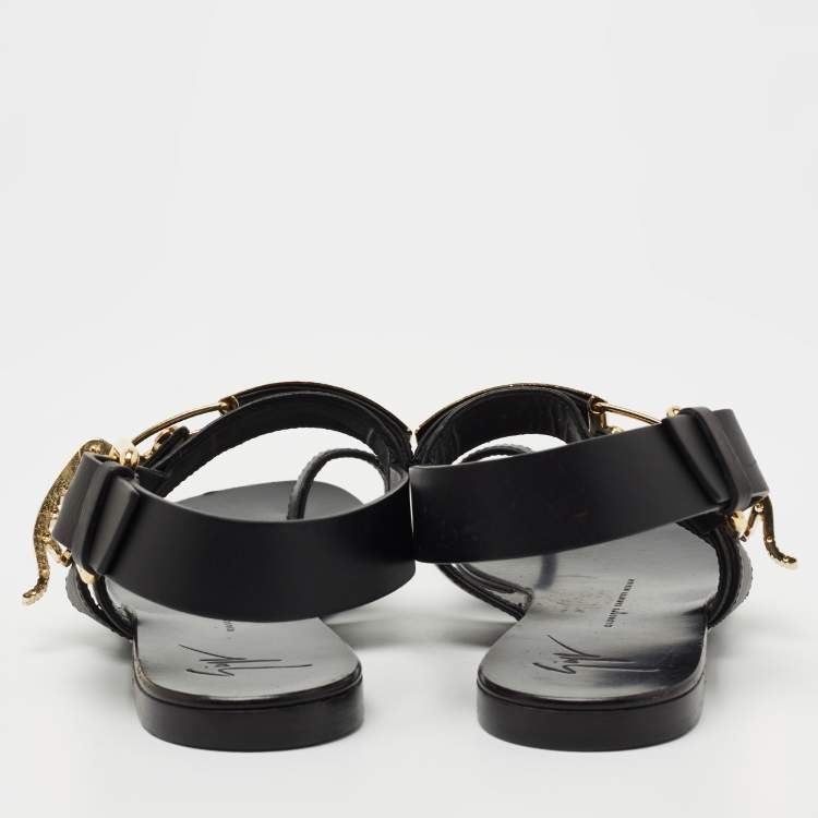 Pre Owned Giuseppe Zanotti Black Leather Buckle Slingback Flats Size 38.5