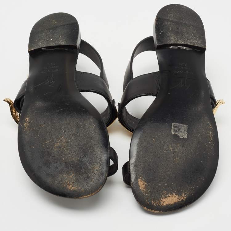 Pre Owned Giuseppe Zanotti Black Leather Buckle Slingback Flats Size 38.5