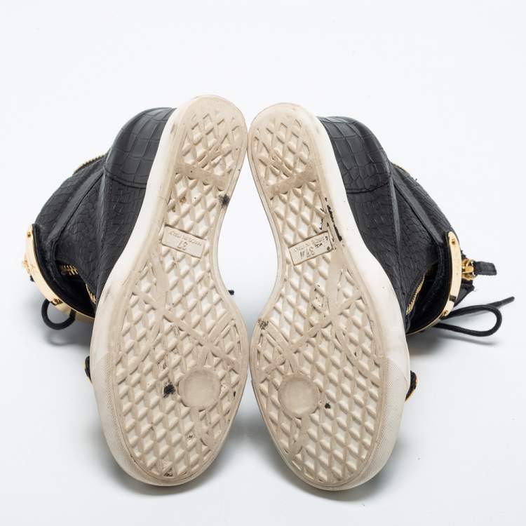 Pre Owned Giuseppe Zanotti Black Croc Embossed Leather Lorenz Wedge Sneakers Size 37
