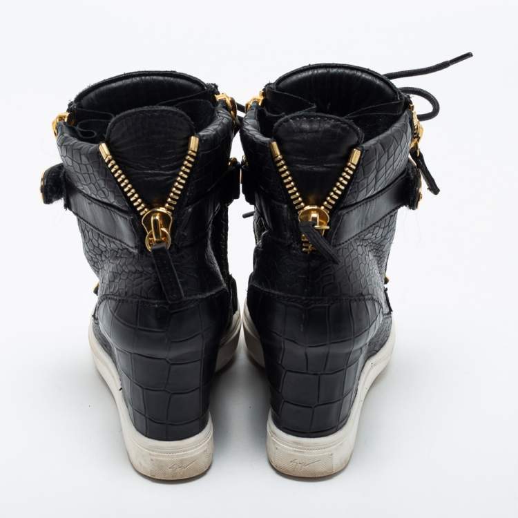 Pre Owned Giuseppe Zanotti Black Croc Embossed Leather Lorenz Wedge Sneakers Size 37