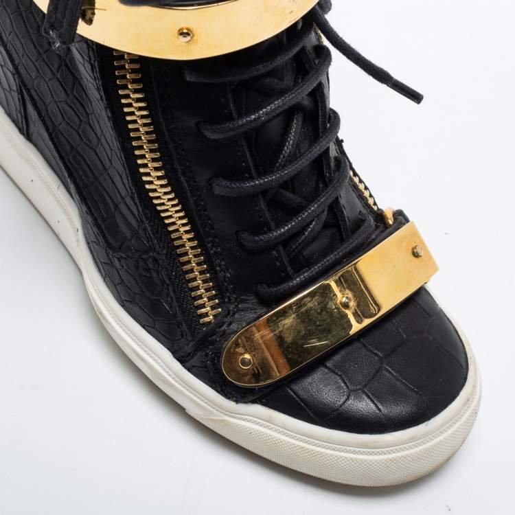 Pre Owned Giuseppe Zanotti Black Croc Embossed Leather Lorenz Wedge Sneakers Size 37