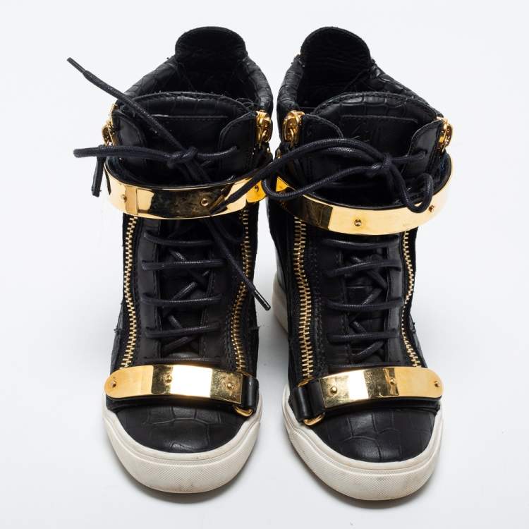 Pre Owned Giuseppe Zanotti Black Croc Embossed Leather Lorenz Wedge Sneakers Size 37