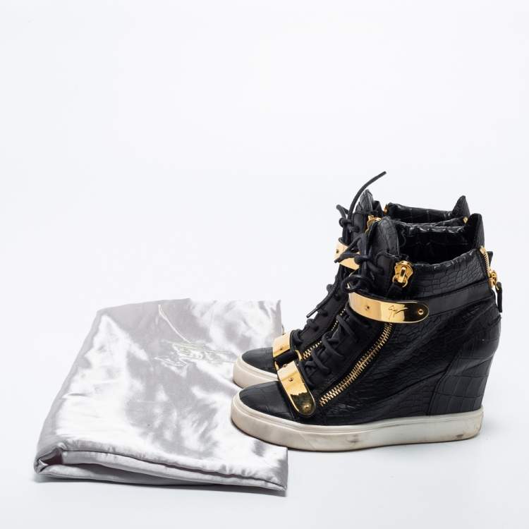 Pre Owned Giuseppe Zanotti Black Croc Embossed Leather Lorenz Wedge Sneakers Size 37