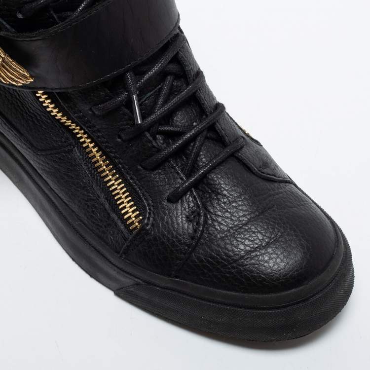 Pre Owned Giuseppe Zanotti Black Leather Eagle Strap High Top Sneakers Size 37.5