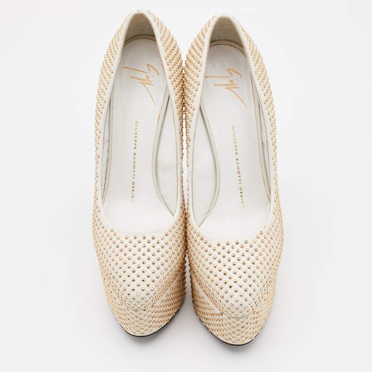 Pre Owned Giuseppe Zanotti Off White Leather Studded Platform Pumps Size 37