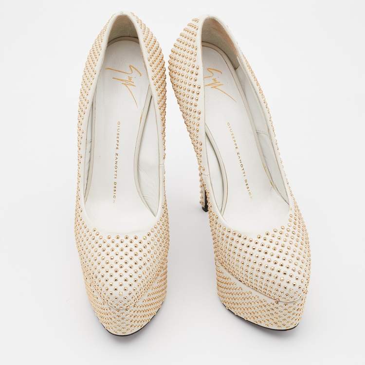 Pre Owned Giuseppe Zanotti Off White Leather Studded Platform Pumps Size 37