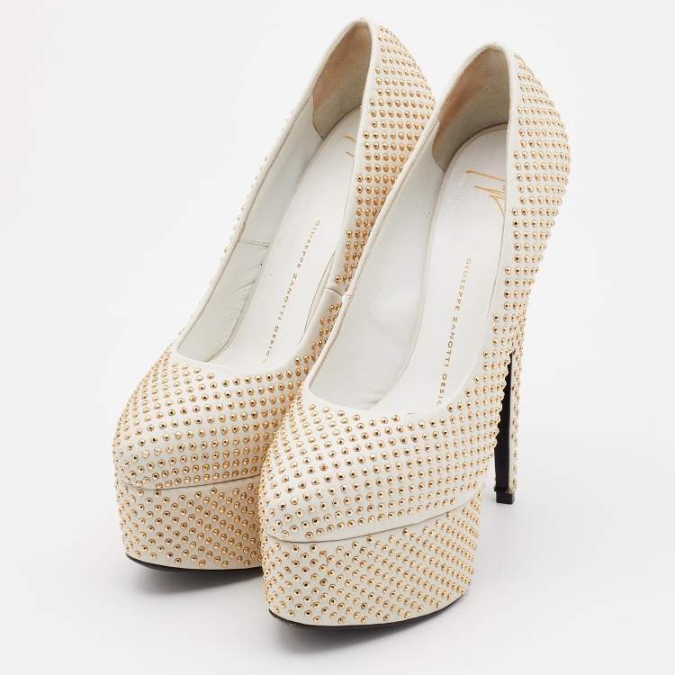 Pre Owned Giuseppe Zanotti Off White Leather Studded Platform Pumps Size 37