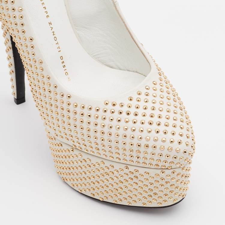 Pre Owned Giuseppe Zanotti Off White Leather Studded Platform Pumps Size 37