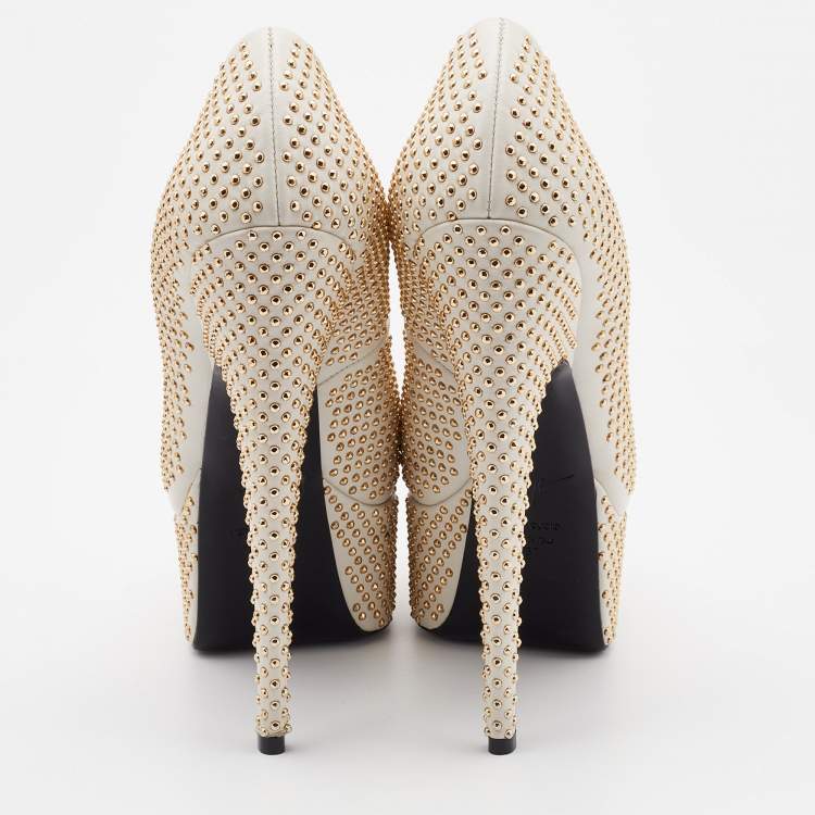 Pre Owned Giuseppe Zanotti Off White Leather Studded Platform Pumps Size 37