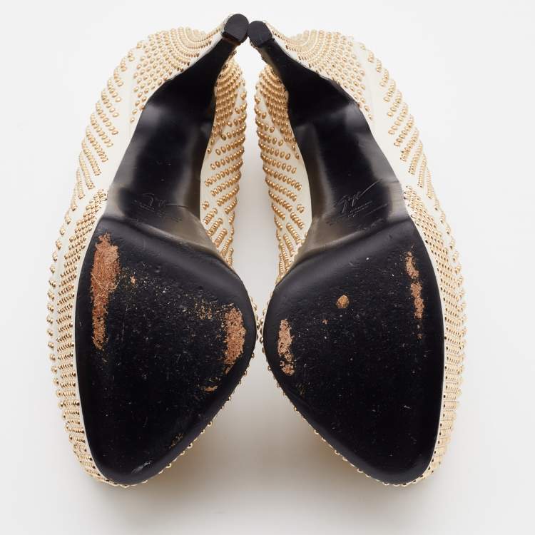 Pre Owned Giuseppe Zanotti Off White Leather Studded Platform Pumps Size 37