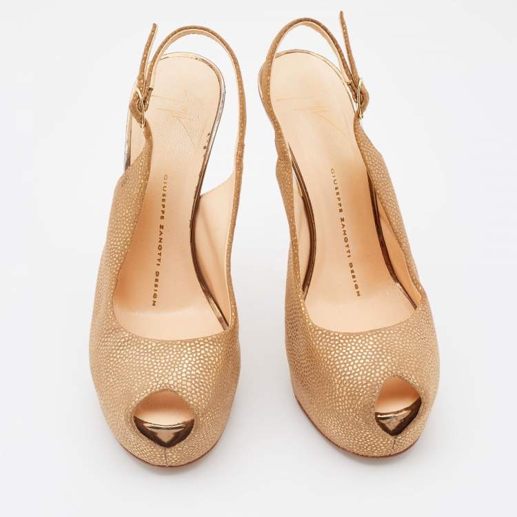 Pre Owned Giuseppe Zanotti Metallic Gold Leather Peep Toe Platform Slingback Pumps Size 37