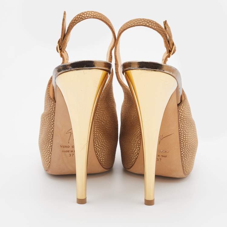 Pre Owned Giuseppe Zanotti Metallic Gold Leather Peep Toe Platform Slingback Pumps Size 37