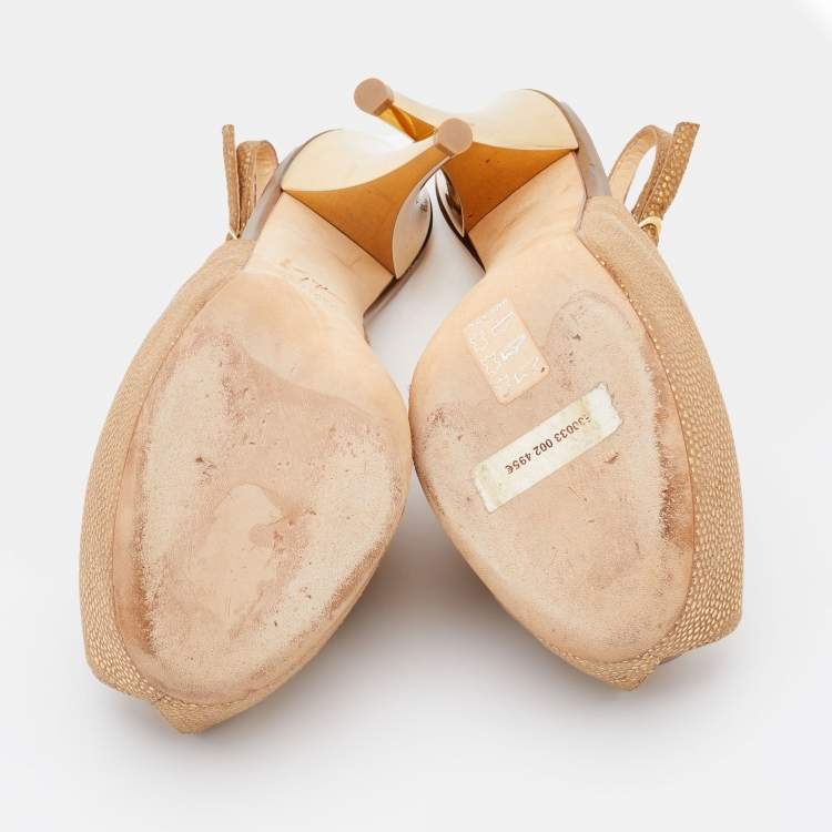Pre Owned Giuseppe Zanotti Metallic Gold Leather Peep Toe Platform Slingback Pumps Size 37
