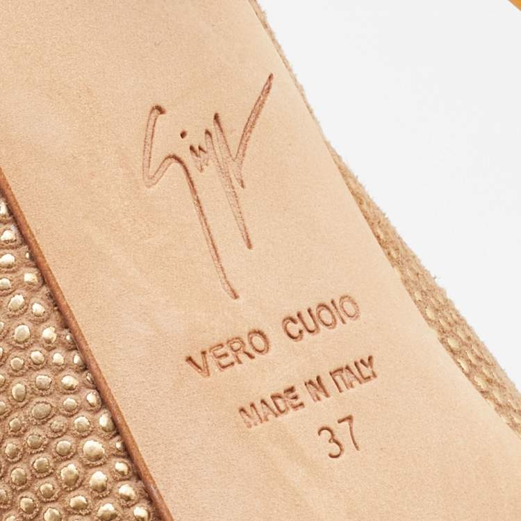 Pre Owned Giuseppe Zanotti Metallic Gold Leather Peep Toe Platform Slingback Pumps Size 37