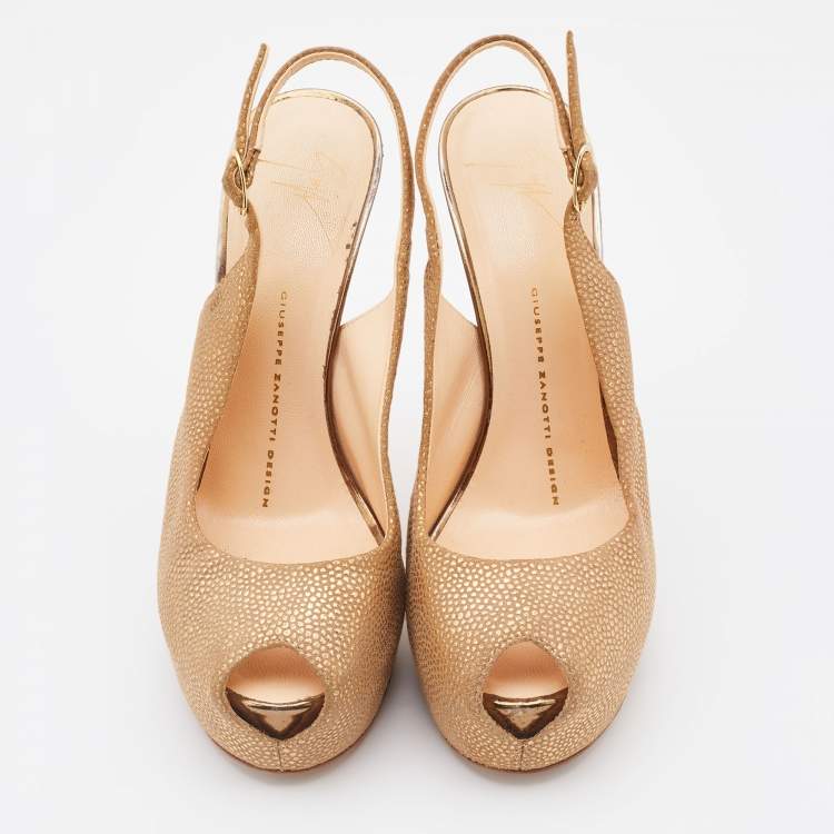 Pre Owned Giuseppe Zanotti Metallic Gold Leather Peep Toe Platform Slingback Pumps Size 37