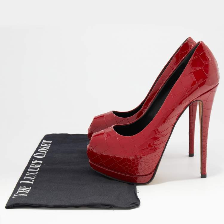 Pre Owned Giuseppe Zanotti Red Croc Embossed Patent Leather Peep Toe Platform Pumps Size 37
