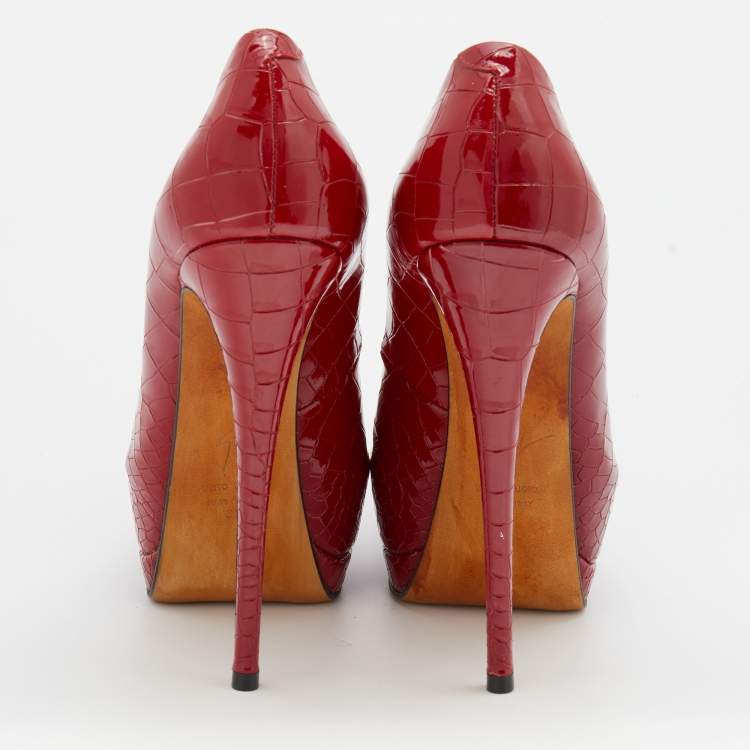 Pre Owned Giuseppe Zanotti Red Croc Embossed Patent Leather Peep Toe Platform Pumps Size 37