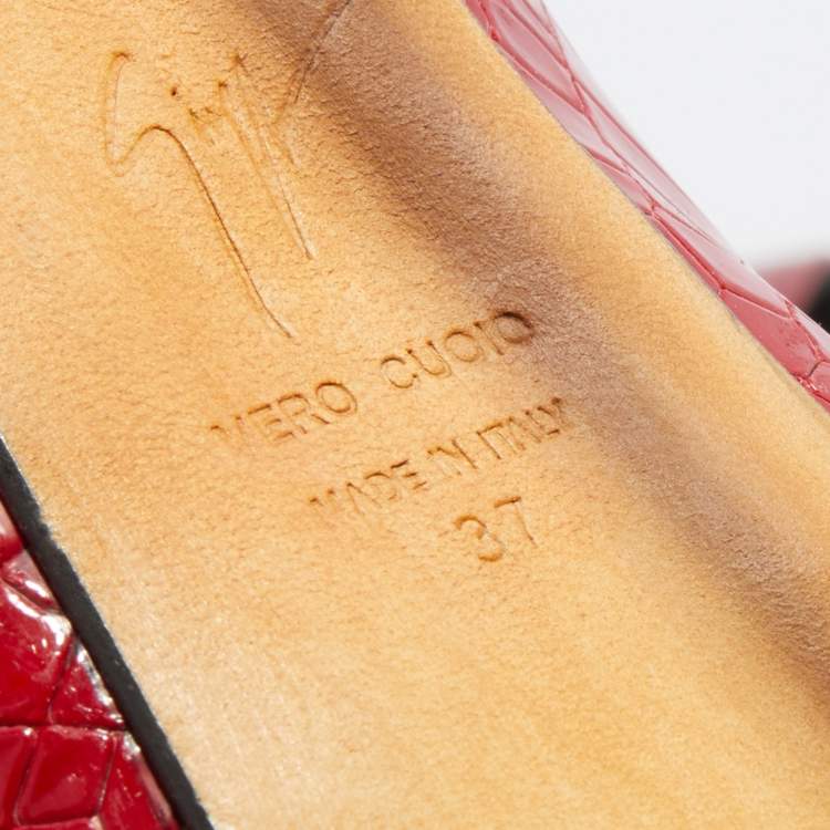 Pre Owned Giuseppe Zanotti Red Croc Embossed Patent Leather Peep Toe Platform Pumps Size 37