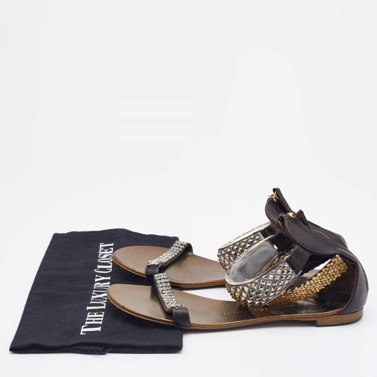Pre Owned Giuseppe Zanotti Dark Brown Leather Embellished Ankle Strap Flats Size 38