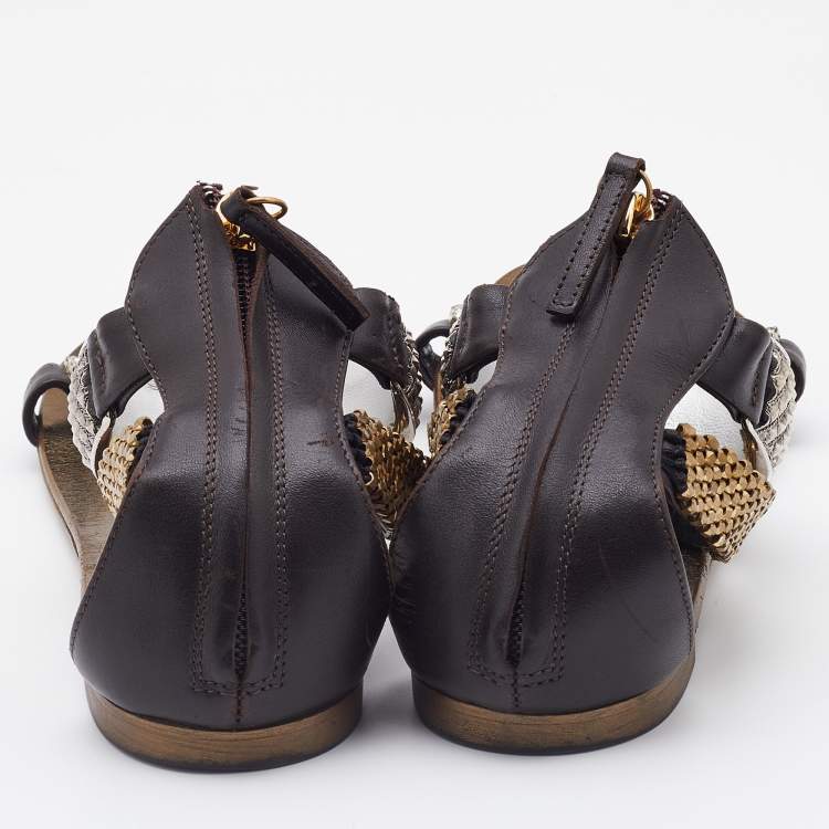 Pre Owned Giuseppe Zanotti Dark Brown Leather Embellished Ankle Strap Flats Size 38