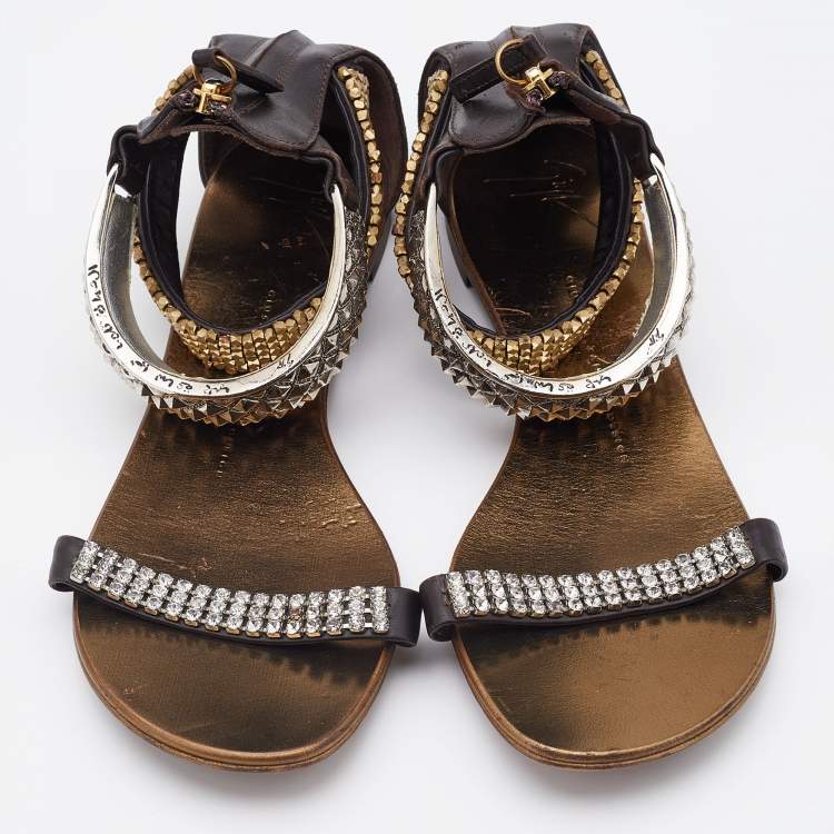 Pre Owned Giuseppe Zanotti Dark Brown Leather Embellished Ankle Strap Flats Size 38