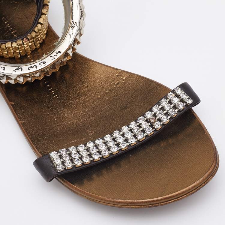 Pre Owned Giuseppe Zanotti Dark Brown Leather Embellished Ankle Strap Flats Size 38