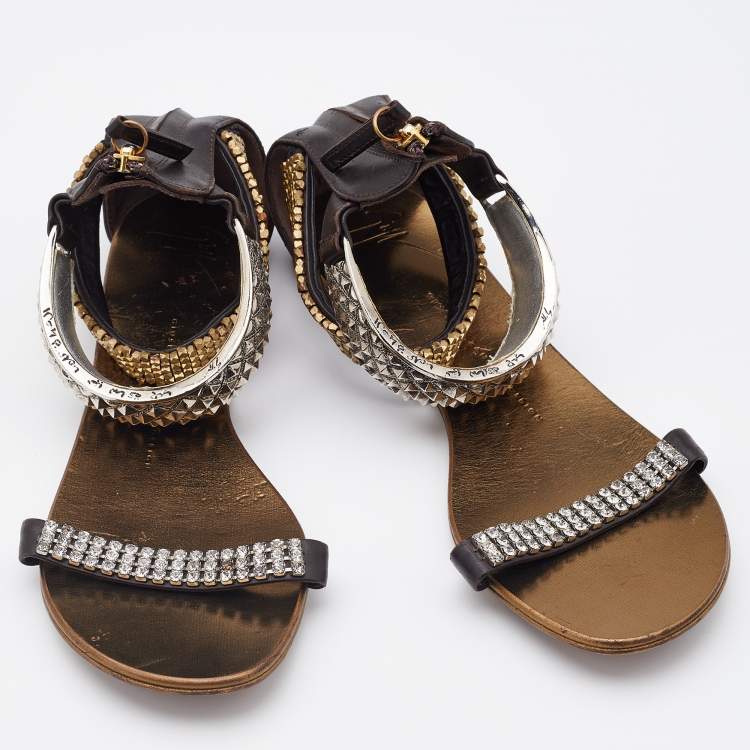 Pre Owned Giuseppe Zanotti Dark Brown Leather Embellished Ankle Strap Flats Size 38