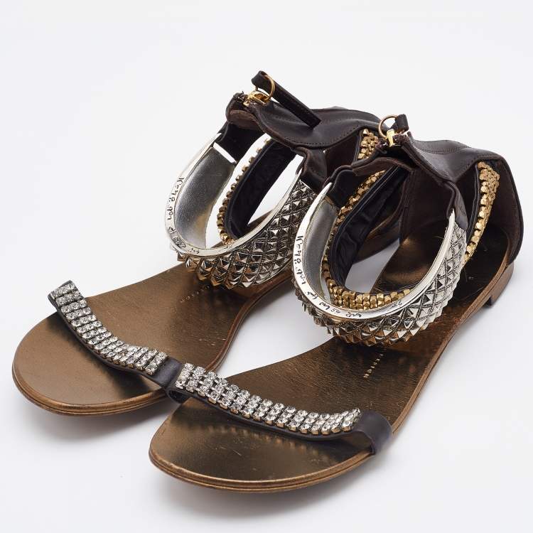 Pre Owned Giuseppe Zanotti Dark Brown Leather Embellished Ankle Strap Flats Size 38