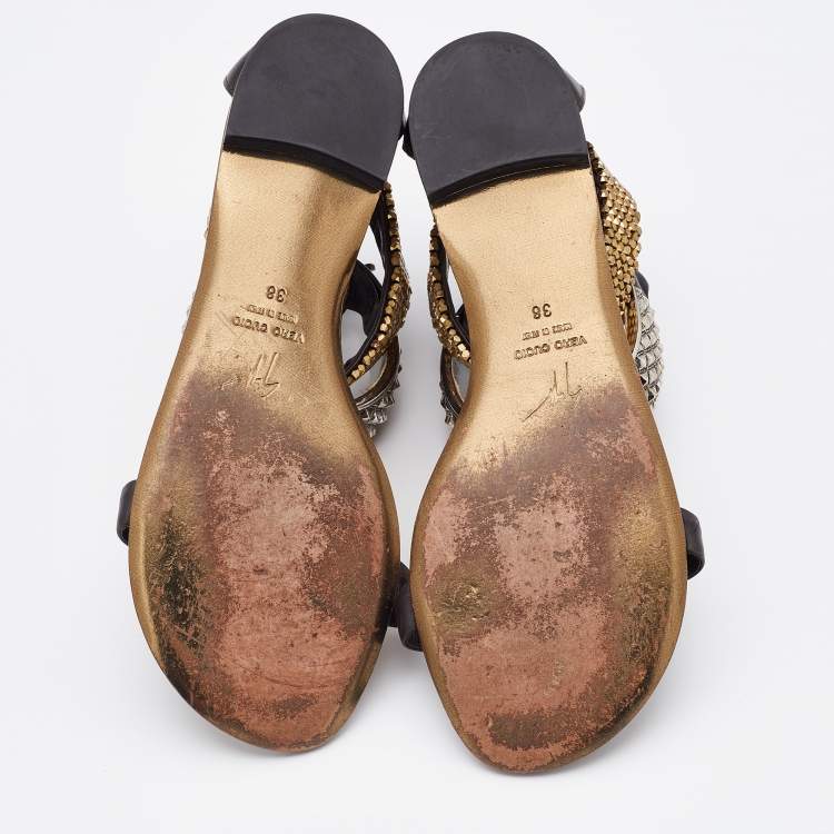 Pre Owned Giuseppe Zanotti Dark Brown Leather Embellished Ankle Strap Flats Size 38