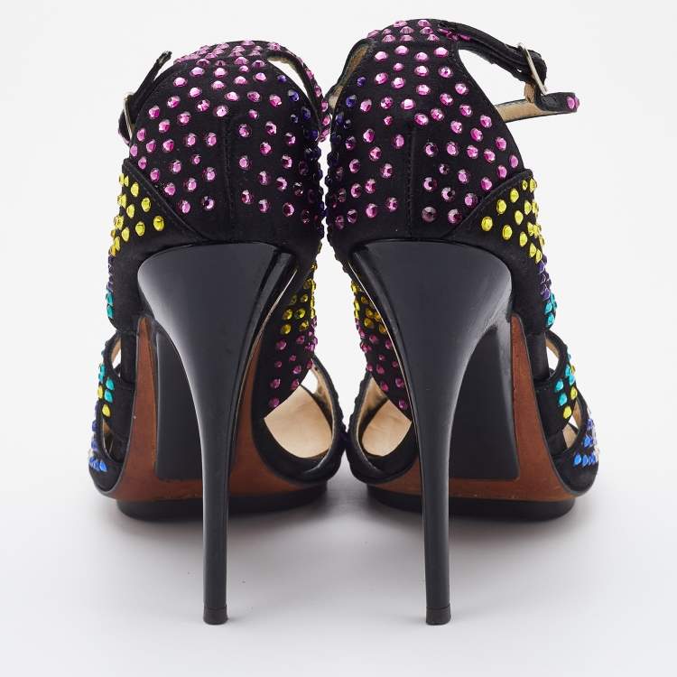 Pre Owned Giuseppe Zanotti Black Satin Crystal Embellished Strappy Sandals Size 38