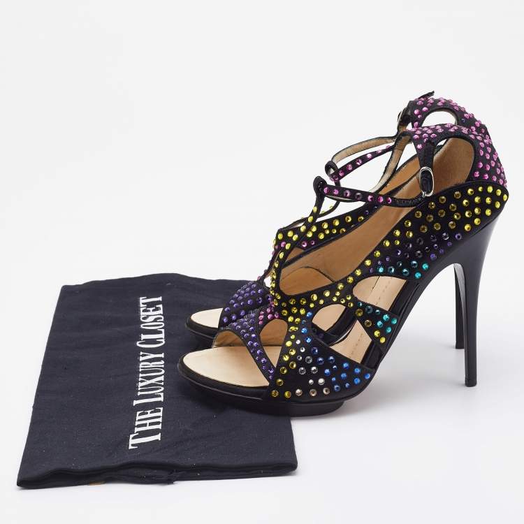 Pre Owned Giuseppe Zanotti Black Satin Crystal Embellished Strappy Sandals Size 38