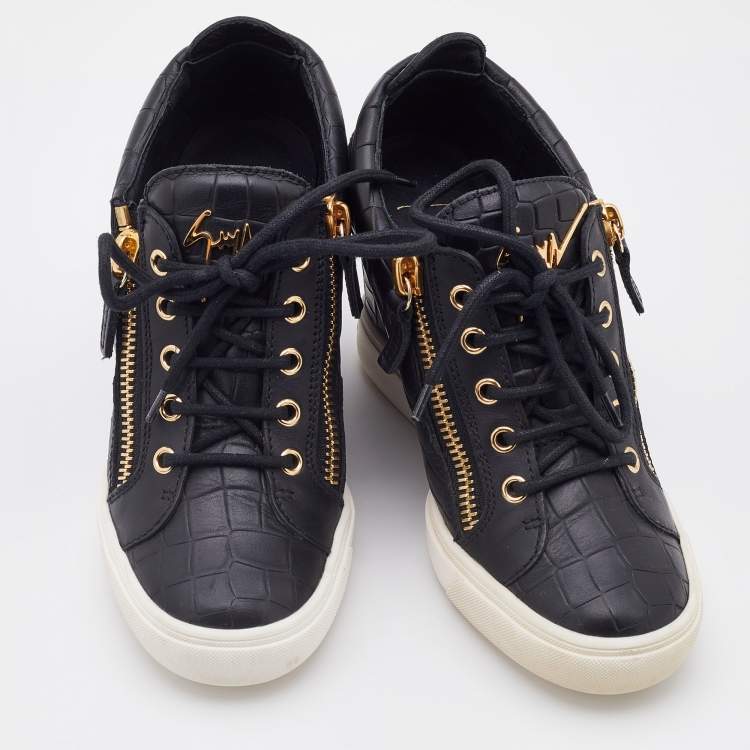 Pre Owned Giuseppe Zanotti Black Croc Embossed Leather Wedge Sneakers Size 38