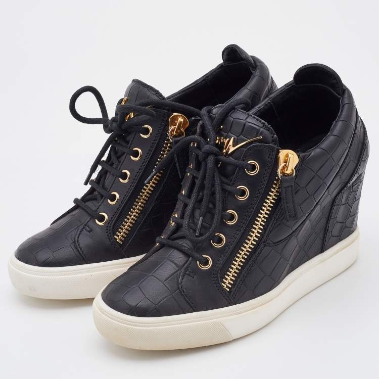 Pre Owned Giuseppe Zanotti Black Croc Embossed Leather Wedge Sneakers Size 38