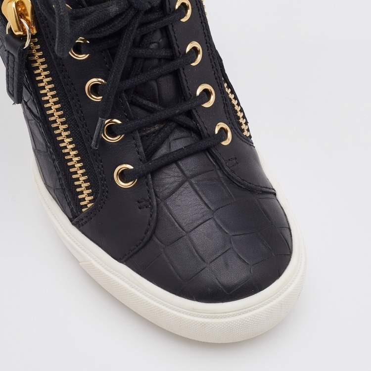 Pre Owned Giuseppe Zanotti Black Croc Embossed Leather Wedge Sneakers Size 38