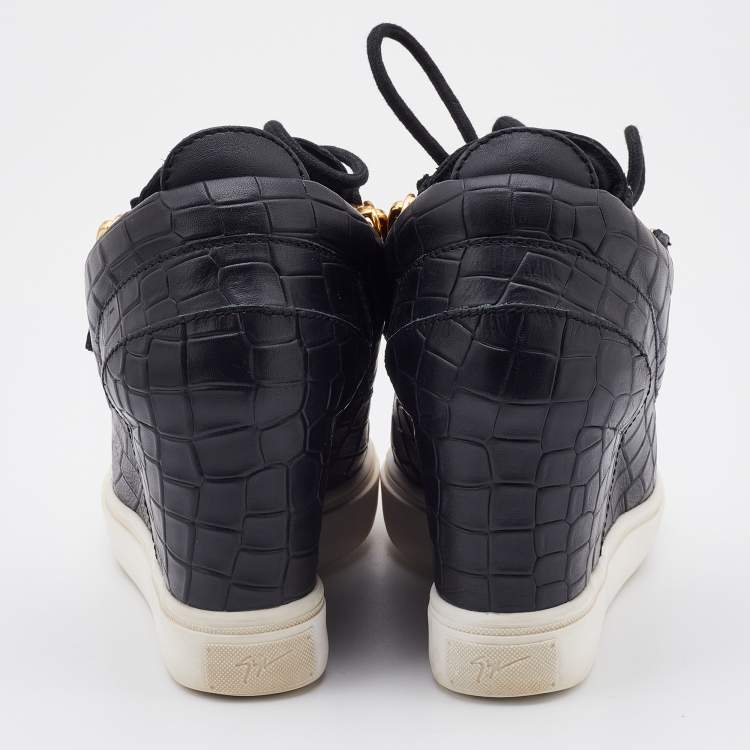 Pre Owned Giuseppe Zanotti Black Croc Embossed Leather Wedge Sneakers Size 38