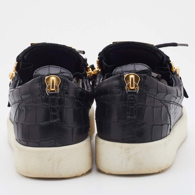 Pre Owned Giuseppe Zanotti Black Croc Embossed Leather Double Zipper Low Top Sneakers Size 40