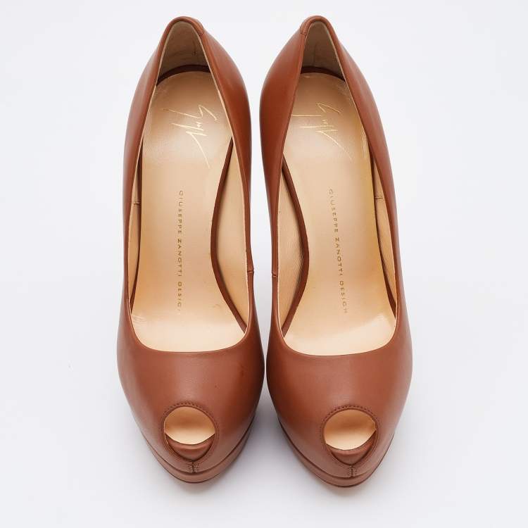 Pre Owned Giuseppe Zanotti Brown Leather Peep Toe Platform Pumps Size 37