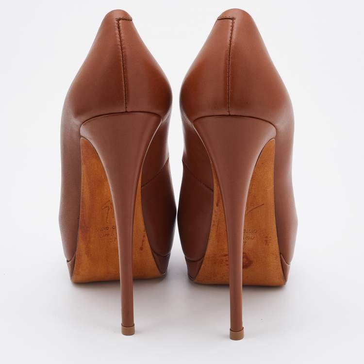 Pre Owned Giuseppe Zanotti Brown Leather Peep Toe Platform Pumps Size 37
