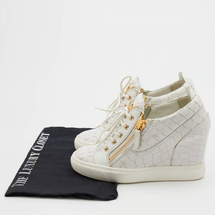 Pre Owned Giuseppe Zanotti White Croc Embossed Leather Wedge Sneakers Size 37.5