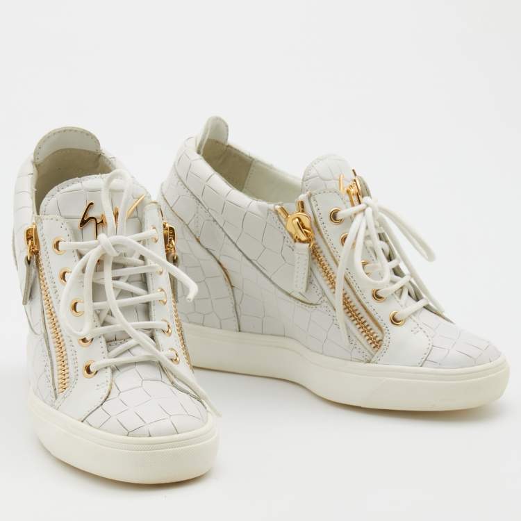 Pre Owned Giuseppe Zanotti White Croc Embossed Leather Wedge Sneakers Size 37.5