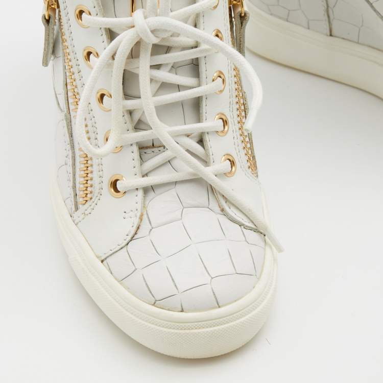 Pre Owned Giuseppe Zanotti White Croc Embossed Leather Wedge Sneakers Size 37.5