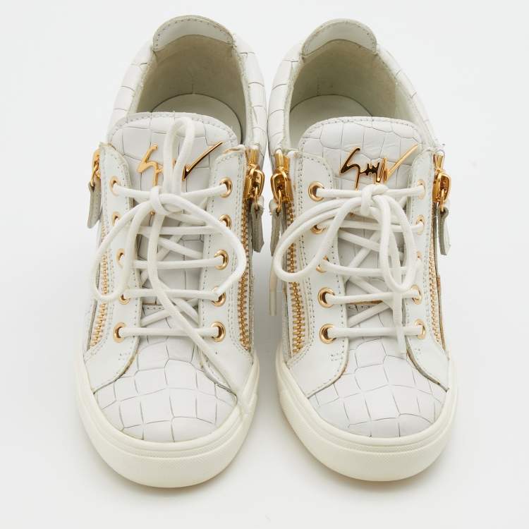 Pre Owned Giuseppe Zanotti White Croc Embossed Leather Wedge Sneakers Size 37.5
