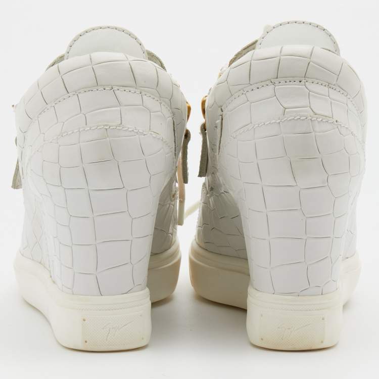 Pre Owned Giuseppe Zanotti White Croc Embossed Leather Wedge Sneakers Size 37.5