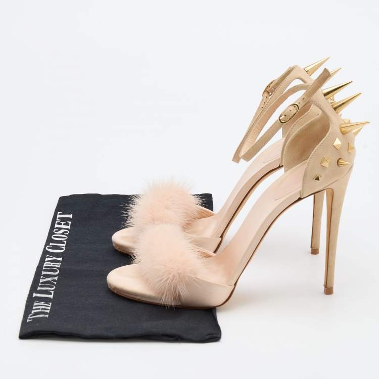 Pre Owned Giuseppe Zanotti Beige Suede, Satin and Mink Fur Spiked Ankle Strap Sandals Size 40
