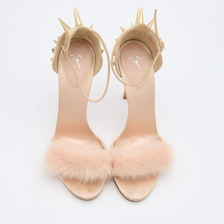 Pre Owned Giuseppe Zanotti Beige Suede, Satin and Mink Fur Spiked Ankle Strap Sandals Size 40
