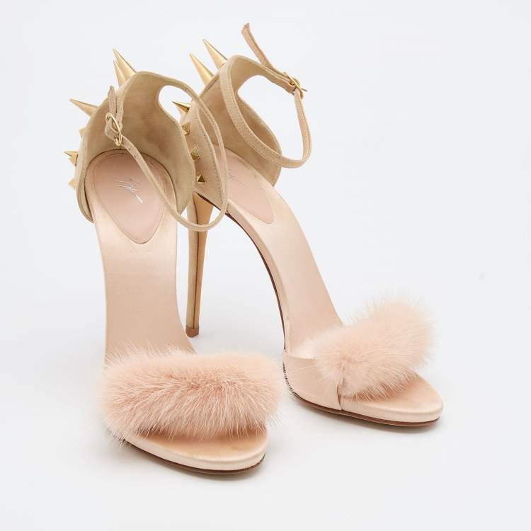 Pre Owned Giuseppe Zanotti Beige Suede, Satin and Mink Fur Spiked Ankle Strap Sandals Size 40