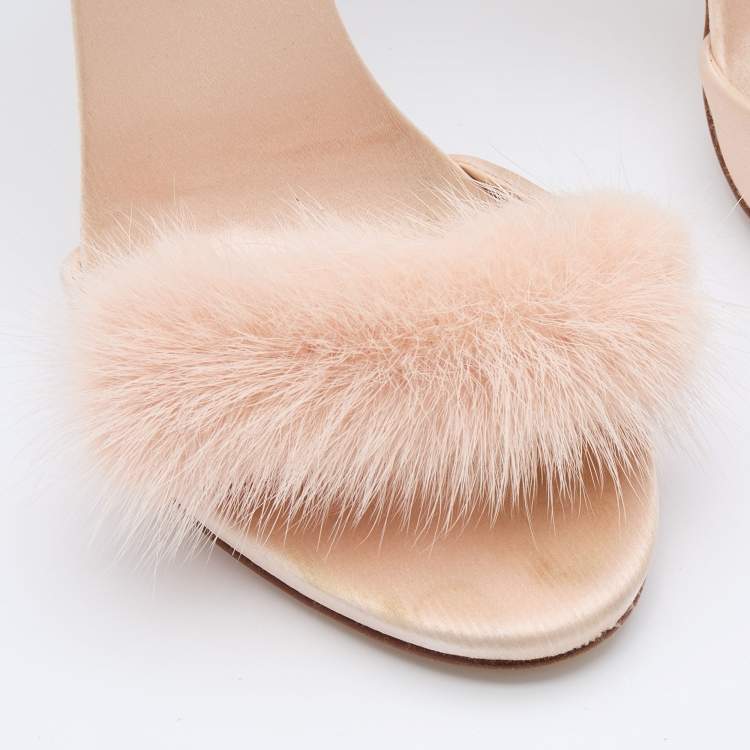 Pre Owned Giuseppe Zanotti Beige Suede, Satin and Mink Fur Spiked Ankle Strap Sandals Size 40