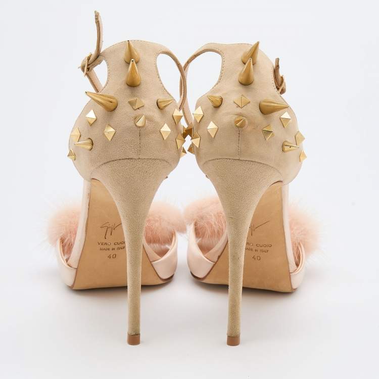 Pre Owned Giuseppe Zanotti Beige Suede, Satin and Mink Fur Spiked Ankle Strap Sandals Size 40